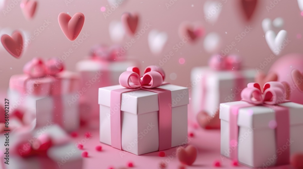 Holiday gift boxes with hearts on pink backdrop Celebration card idea for various occasions