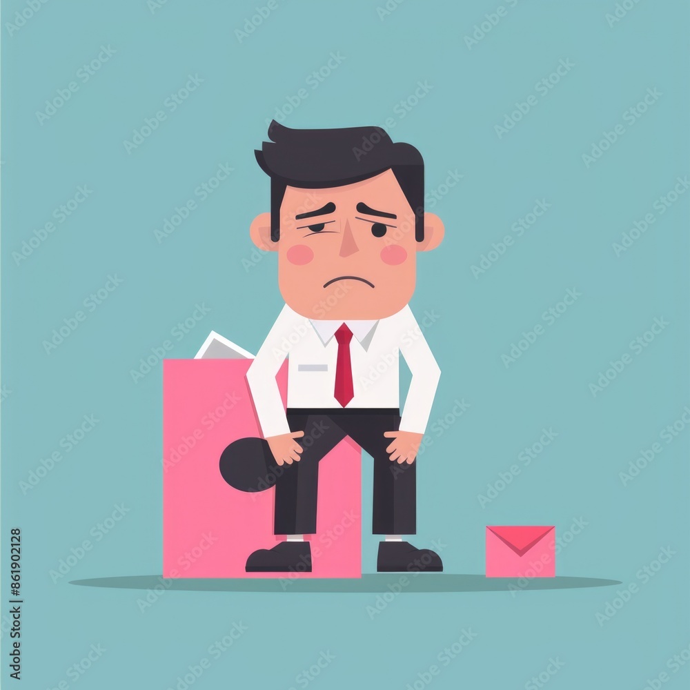 A cartoon-style, laid off business person in a pink slip concept depicts an individual who lost their job due to performance or financial issues.2 A cartoon-style, laid off business person in a pink slip concept depicts an individual who lost their job due to performance or financial issues.2