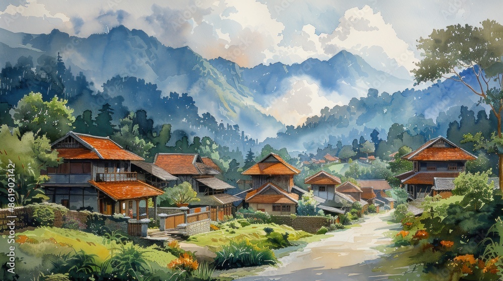 A detailed watercolor painting of a traditional Sasak village nestled amidst the verdant hills of Lombok Island, Indonesia.