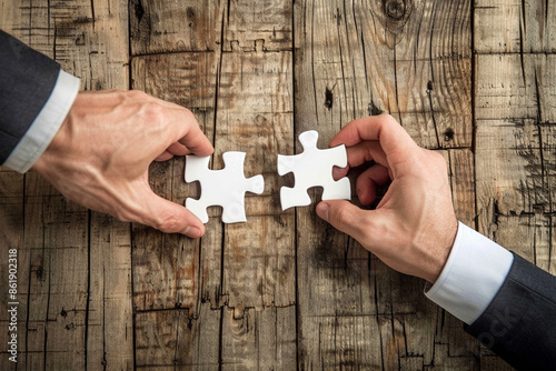 Teamwork, partnership, collaboration problem-solving in a group setting, achieving goals strategy solution concept. Two hands of businessman in suits putting puzzle pieces together.  photo