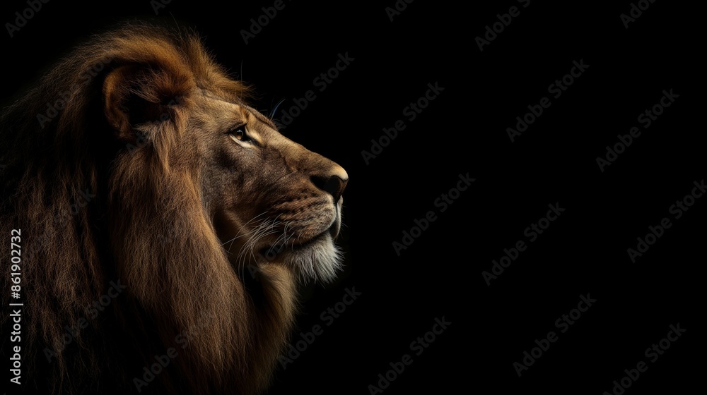 The Lion King isolated on black. Lion's profile on black background. The Lion King isolated on black. Lion's profile on black background.