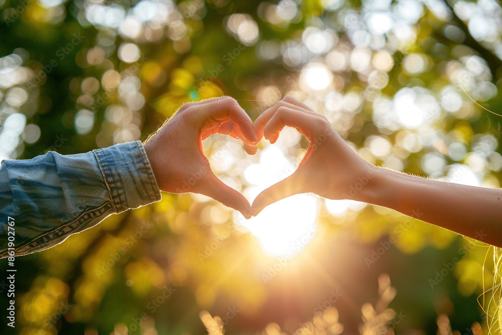 Hands forming a heart shape with a sunlit park trees background. Concept of love, connection, and care about nature environment Hands forming a heart shape with a sunlit park trees background. Concept of love, connection, and care about nature environment