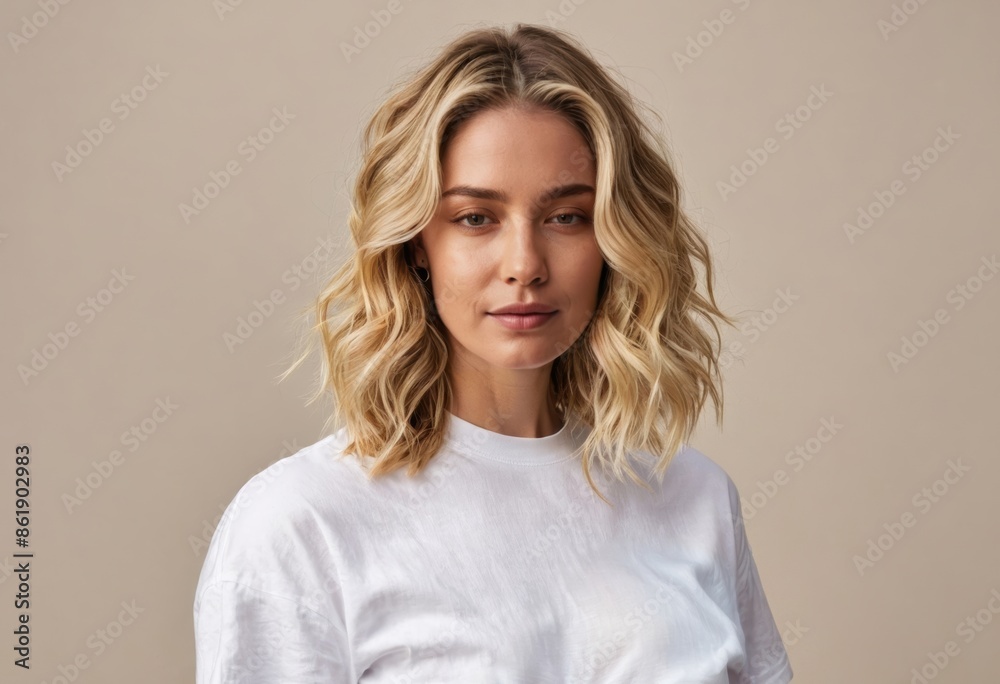woman with shoulder-length blonde hair posing against a light brown backdrop, She wears a white t-shirt and her gaze is directed off to the side woman with shoulder-length blonde hair posing against a light brown backdrop, She wears a white t-shirt and her gaze is directed off to the side