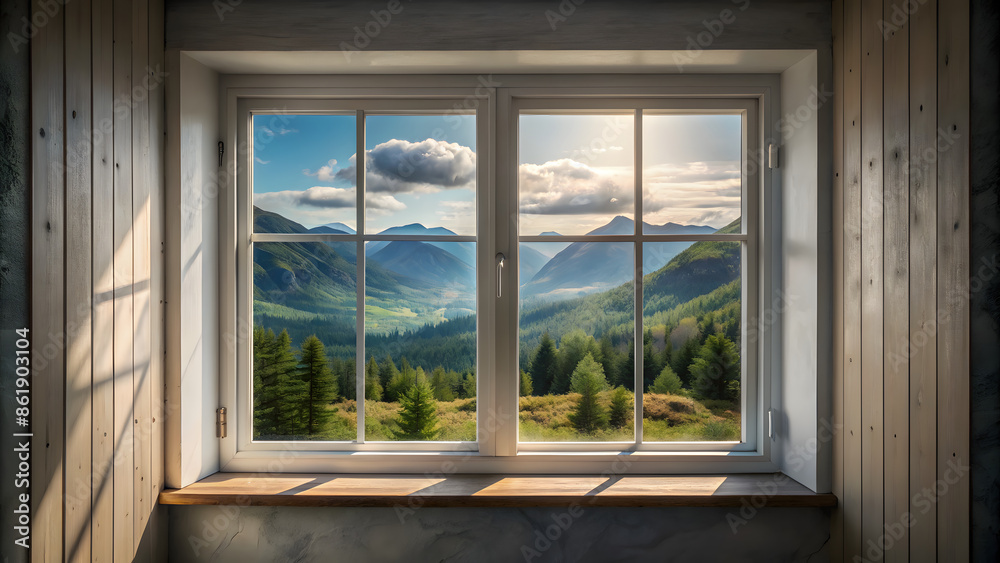 Fototapeta premium beautiful luxury window with a view on nature landscape, travel vacation concept background