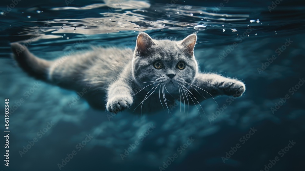 A Diving British Shorthair Cat - Realistic Image. A Diving British Shorthair Cat - Realistic Image.