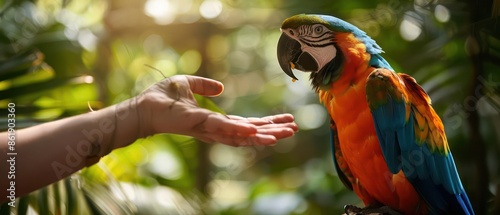Highdefinition shot of a zookeepers hand feeding a parrot, with room for text photo