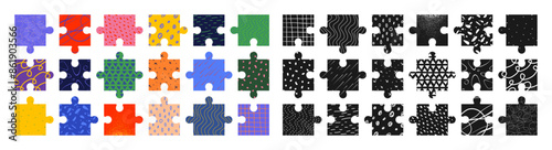 Abstract thinking puzzle game, bright textures mosaic solution vector template, Colorful and black and white jigsaw tiles with bizarre motley pattern in patchwork style, aesthetic naive ornament