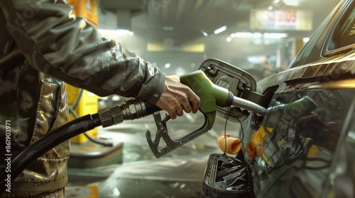 Closeup shot of person refueling car at gas station under bright lights Created with Generative AI. photo