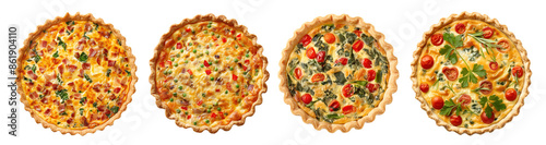 collection of quiches, top down view, isolated on a transparent background