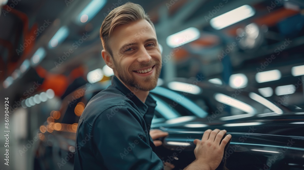 Cheerful caucasian mechanic smiling at camera standing near the car indoors Cheerful caucasian mechanic smiling at camera standing near the car indoors