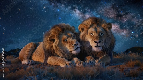 A pair of lions lying down together on a savannah under a starry night sky, their manes gently ruffled by the breeze