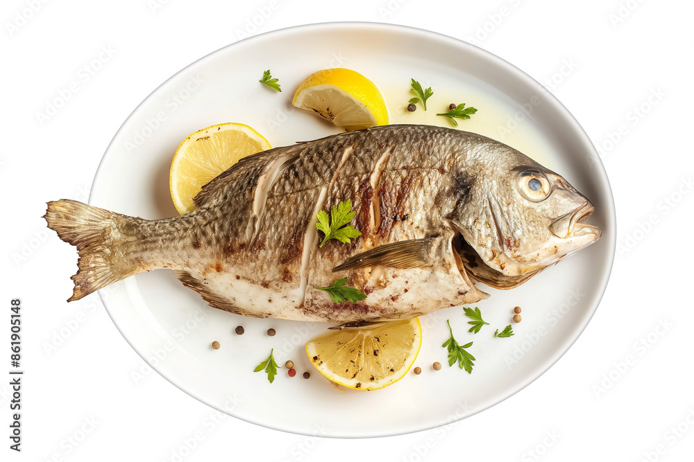 Whole grilled fish with lemon and garnish on a white dish, isolated against a transparent background Whole grilled fish with lemon and garnish on a white dish, isolated against a transparent background