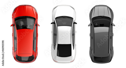 Set of modern cars, viewed from above, isolated against a transparent background