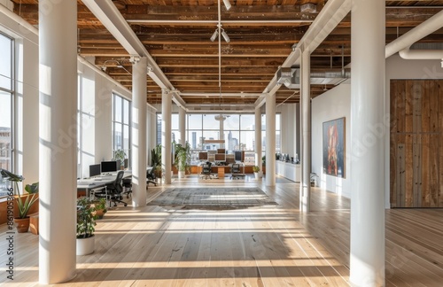 Modern Office Interior With Exposed Beams and City View