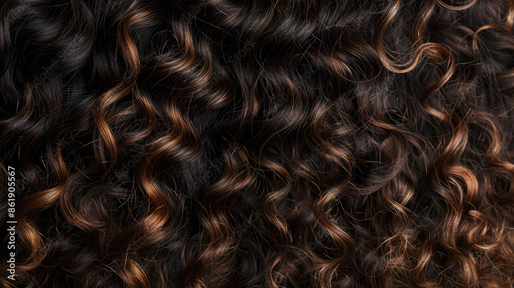 Dark, curly hair with a mix of brown highlights, forming tight, well-defined ringlets. The hair appears to be well-maintained and glossy. Dark, curly hair with a mix of brown highlights, forming tight, well-defined ringlets. The hair appears to be well-maintained and glossy.