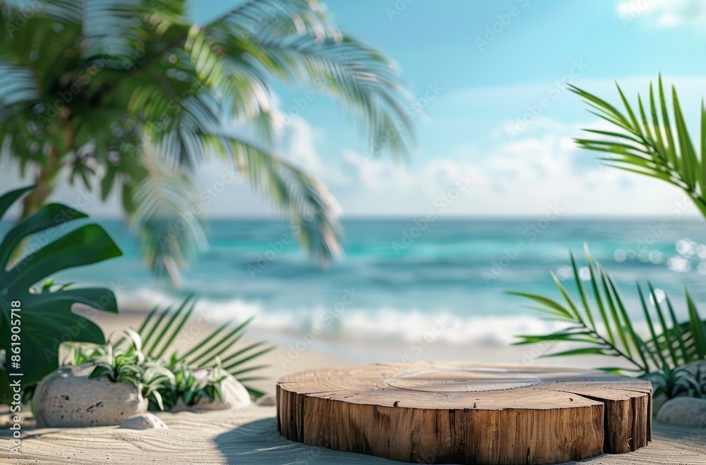 Fototapeta premium Round Wooden Platform on Sandy Beach With Ocean and Palm Trees in Background