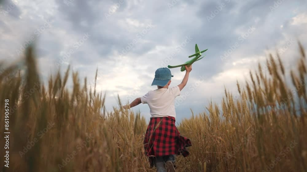 A kid runs toy airplane through a field of wheat. Happy family kid dream concept. A boy and a child are eating wheat on a plane toy airplane. A boy runs across a field of wheat with lifestyle a plane.