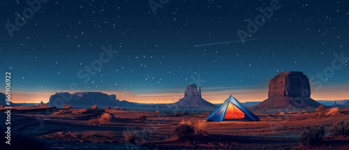 A brightly lit tent under a starry night sky in a scenic desert landscape with large rock formations and clear horizon.