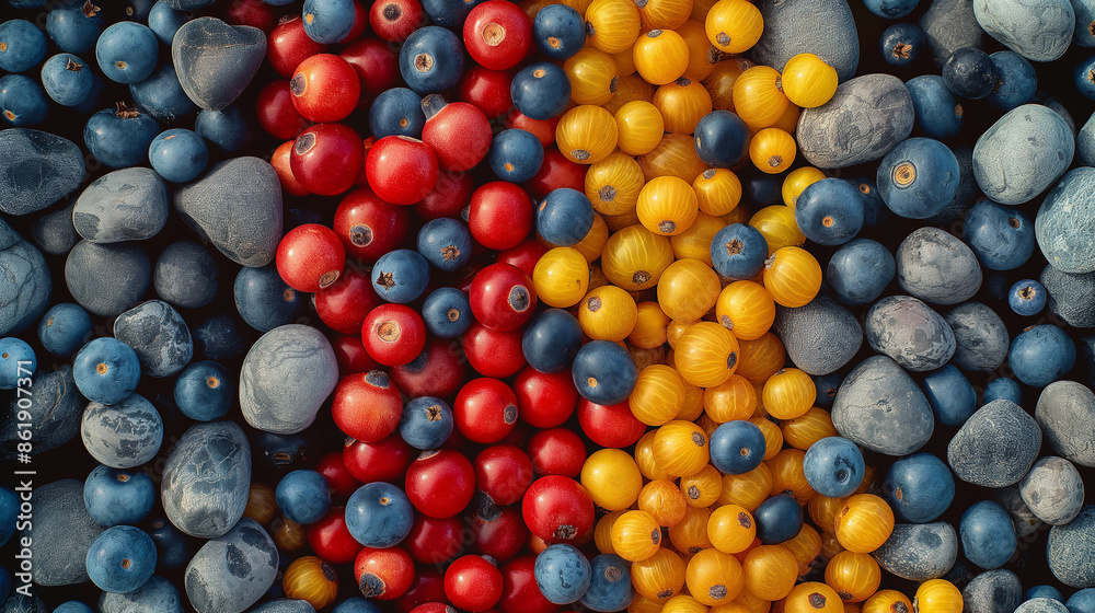 A bunch of blueberries and red berries are piled on top of each other