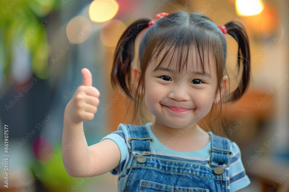 A little girl is standing. she had her thumbs up. she is smiling A little girl is standing. she had her thumbs up. she is smiling