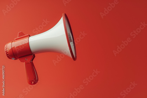 Red and white megaphone is announcing on a red background, perfect for concepts about communication and making announcements