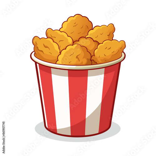 Cartoon set of crispy fried chicken splashing out of the bucket side view Crunchy fast food, wings, thighs, thighs, delicious fried chicken dishes. Frame vector illustration