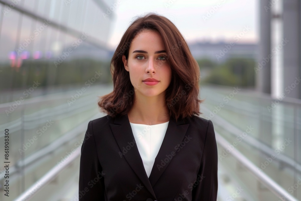 Confident young businesswoman in black suit standing outdoors in modern urban setting