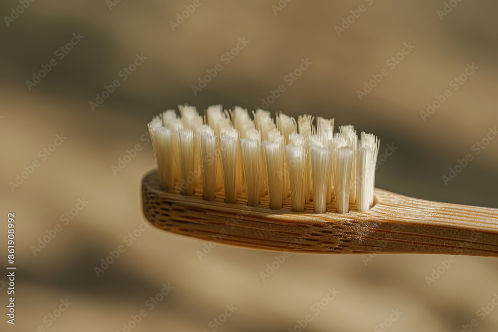 Close-up of a bamboo toothbrush lying on a blurred background, promoting sustainable oral hygiene Close-up of a bamboo toothbrush lying on a blurred background, promoting sustainable oral hygiene