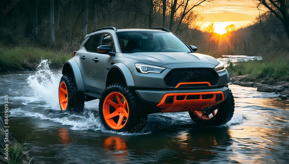 Modern grey orange off road vehicle driving trough river in the forest, auto adventure concept, automotive background, action wallpaper