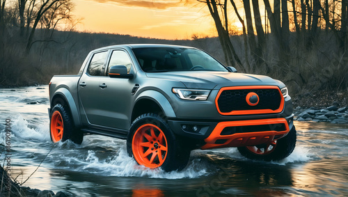Modern grey orange off road vehicle driving trough river in the forest, auto adventure concept, automotive background, action wallpaper	