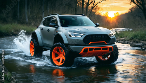 Obraz na płótnie Modern grey orange off road vehicle driving trough river in the forest, auto adventure concept, automotive background, action wallpaper w salonie