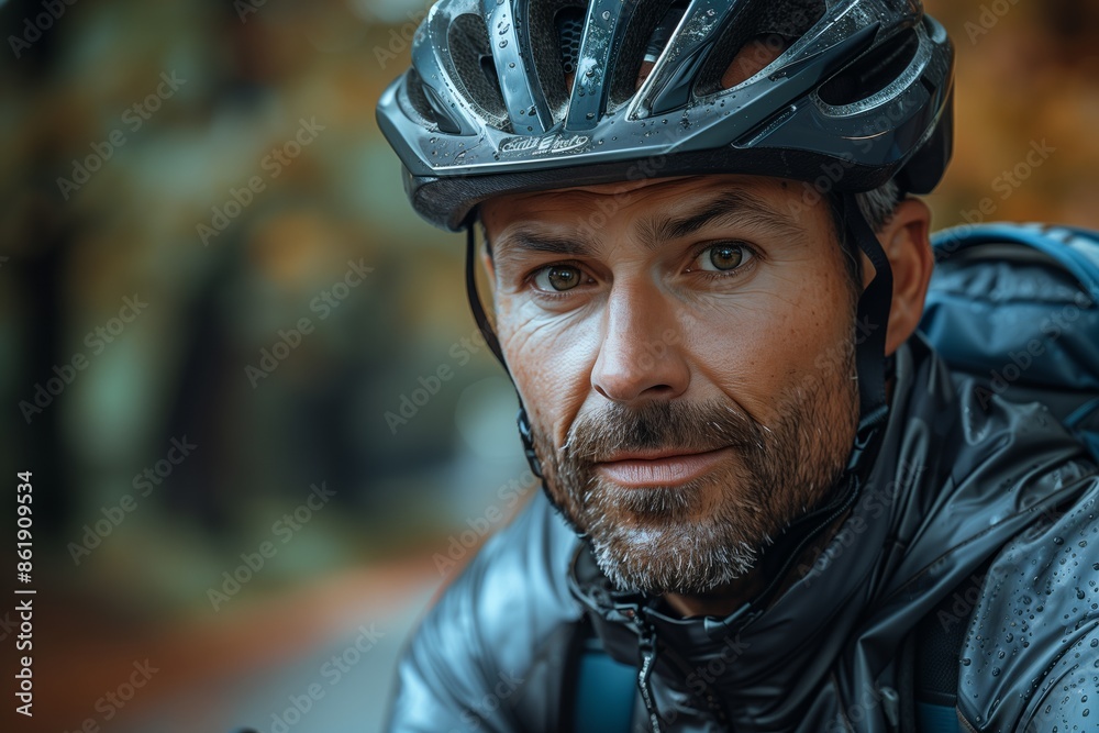 Obraz premium Photo of Businessman Adjusting Cycling Helmet on the Way to Work