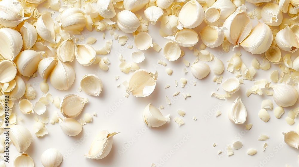 Fresh garlic cloves on white background. Flat lay image of garlic cloves and peels, ideal for food blogs, recipe websites, or culinary projects. Fresh garlic cloves on white background. Flat lay image of garlic cloves and peels, ideal for food blogs, recipe websites, or culinary projects.