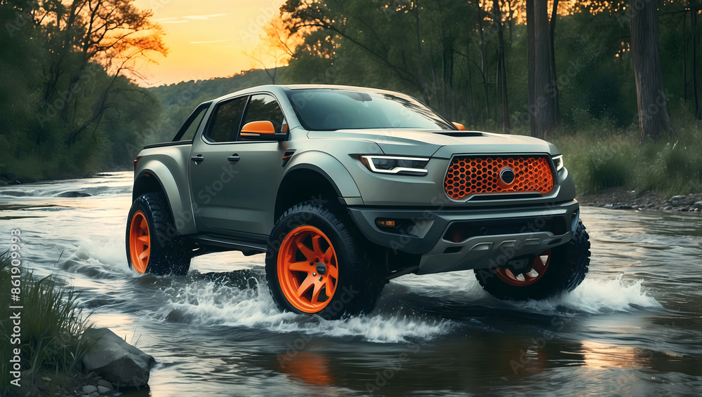 Modern grey orange off road vehicle driving trough river in the forest, auto adventure concept, automotive background, action wallpaper