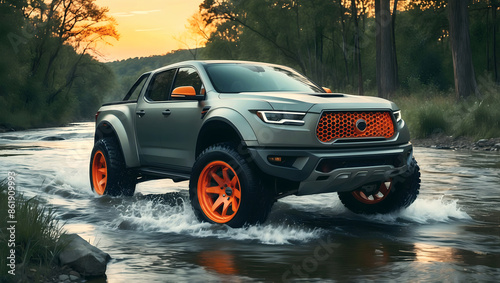 Obraz na płótnie Modern grey orange off road vehicle driving trough river in the forest, auto adventure concept, automotive background, action wallpaper w salonie