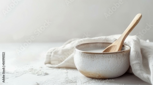Ceramic bowl of plant milk with wooden spoon. Rustic ceramic bowl filled with plant-based milk and a wooden spoon on white background. Vegan beverage and dairy free concept. photo