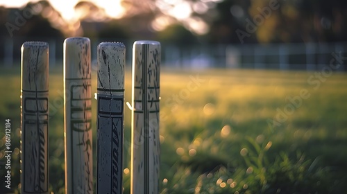 Close-up of cricket stumps and bails with a blurred cricket pitch in the background. photo