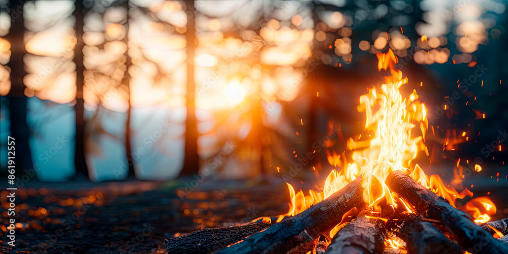 Campfire burning in a forest with mountains in the background at dusk. Concept: adventure and tranquility. Ideal for travel ads, outdoor gear promotions, and nature-themed campaigns. Campfire burning in a forest with mountains in the background at dusk. Concept: adventure and tranquility. Ideal for travel ads, outdoor gear promotions, and nature-themed campaigns.