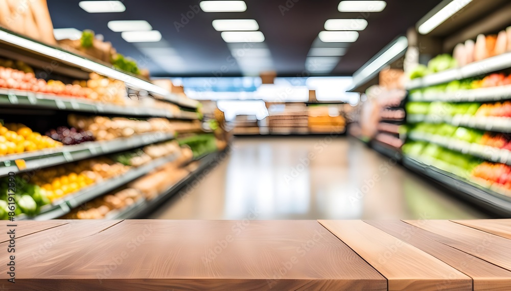 Fototapeta premium empty wood table top with a blurred supermarket setting in the background