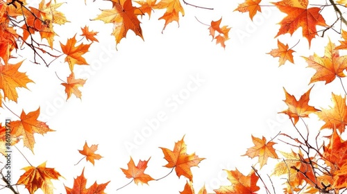 White background framed with colorful autumn leaves.