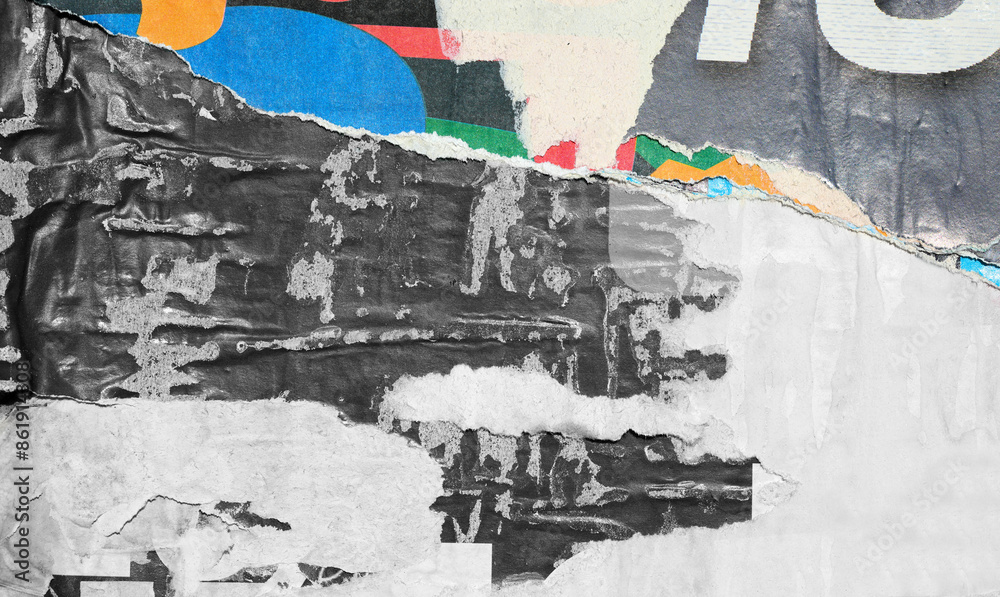 Fototapeta premium Old ripped torn blank and white posters textures backgrounds grunge creased crumpled paper vintage collage placards empty space text