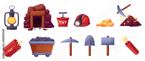 Cartoon mining tools. Mine equipments, shovel and pick, dynamite tnt and hammer. Cart with coal, golden gem stones and cave arch, nowaday vector set