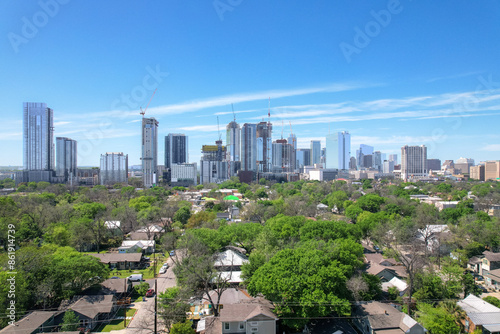 Austin Texas Metropolitan City Downtown Skyline On Sunny Summer Day With Homes Houses Blue Sky Lady Bird Lake #861914739