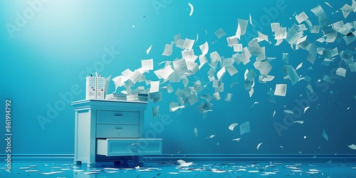 Papers Flying from Open Drawer in Blue Room, Symbolizing Chaos and Disorganization photo