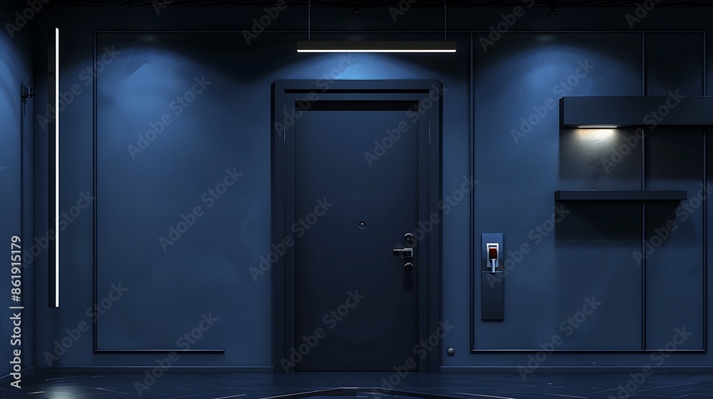 door in a deep shade of indigo with a velvety finish, framed by a sleek black frame and flanked by minimalist, high-tech lighting fixtures door in a deep shade of indigo with a velvety finish, framed by a sleek black frame and flanked by minimalist, high-tech lighting fixtures