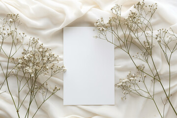 White paper card wedding invitation mockup with gypsophila flower branches on silk background. Generative AI