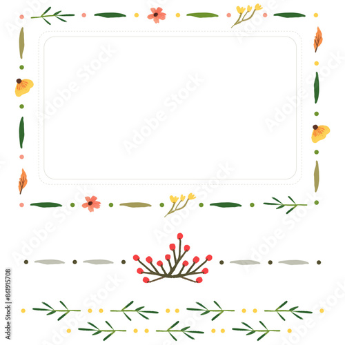 Frames, borders and corners, illustrated with a flower spring, happy theme. Ideal vector graphic resource for invitations, layouts. Flowers, leaves and branches. Dividers, divider, border. Hand drawn