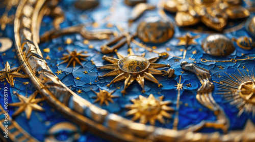 Astrological signs on ancient clock, detail of Medieval Zodiac wheel with planets and stars. Concept of astrology, symbol, horoscope, vintage mechanism and time