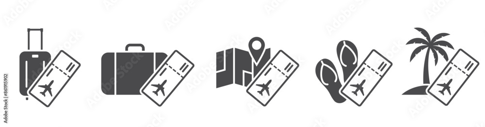 air travel icon set. luggage, map, flip flops, palm tree and flight ticket. vacation and journey symbols. isolated vector images for tourism design air travel icon set. luggage, map, flip flops, palm tree and flight ticket. vacation and journey symbols. isolated vector images for tourism design