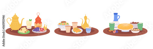 Arabian food on tray. Moroccan jugs and pots, crockery and cups. Festive iftar party dishes, fruits and cereals in bowls. Vector east meals set